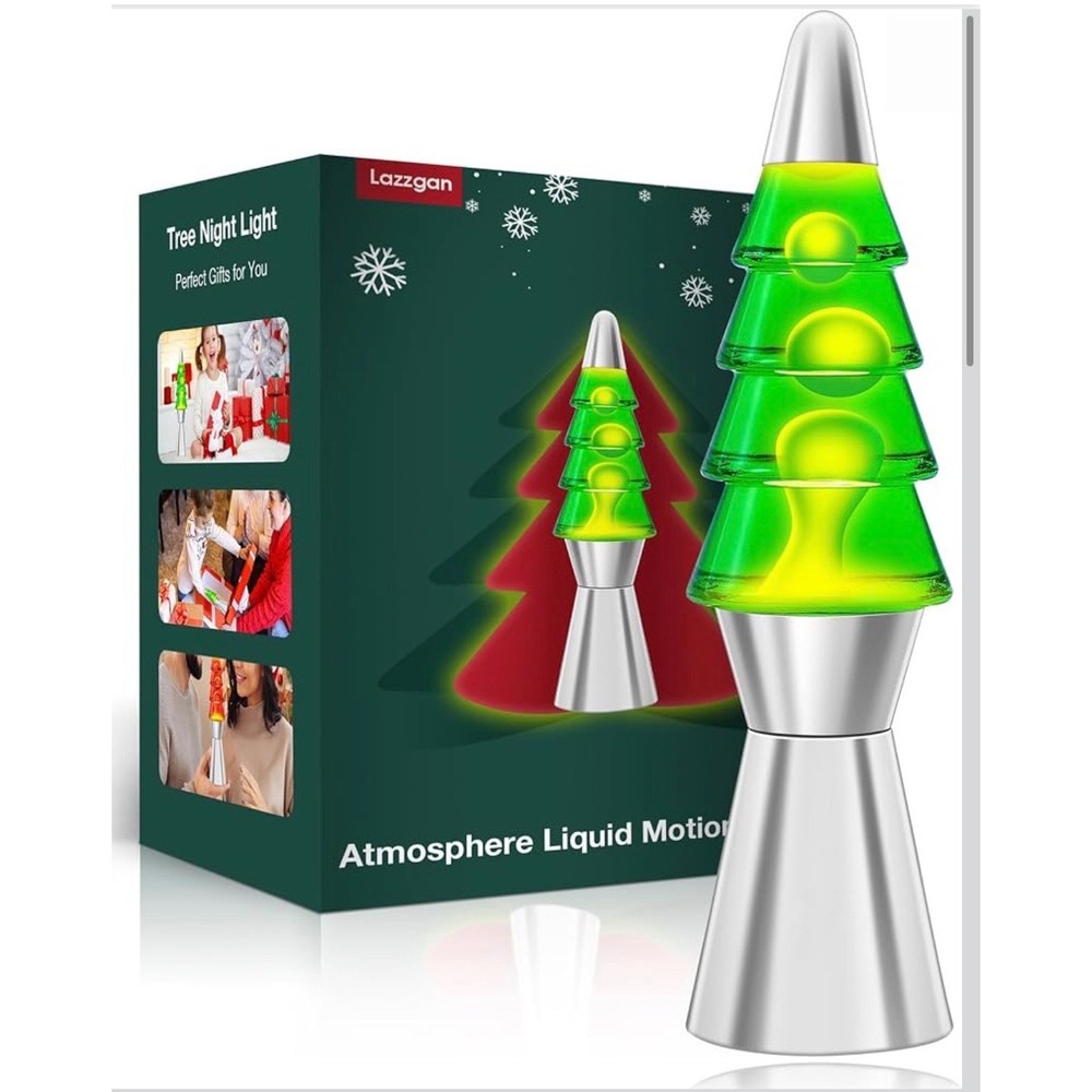 Lazzgan 14.5in Christmas Tree Liquid Motion Lamp Green Glass White Wax Silver